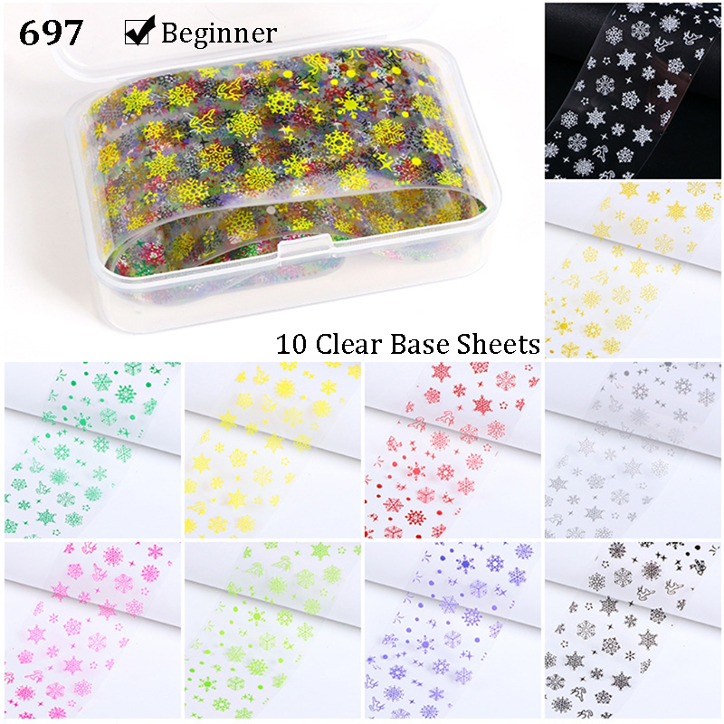 Christmas Foil Transfer - 10 Rolls/Box Nail Art Stickers Snowflake Christmas Tree Santa Claus Laser Colorful Prints Decals for DIY Decorations Supplies Design
