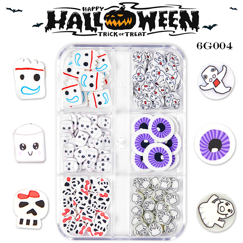 Halloween Polymer Slices - 6 Grids Multiple Shape 3D Nail Art Charms Supplies for Nails DIY Decorations