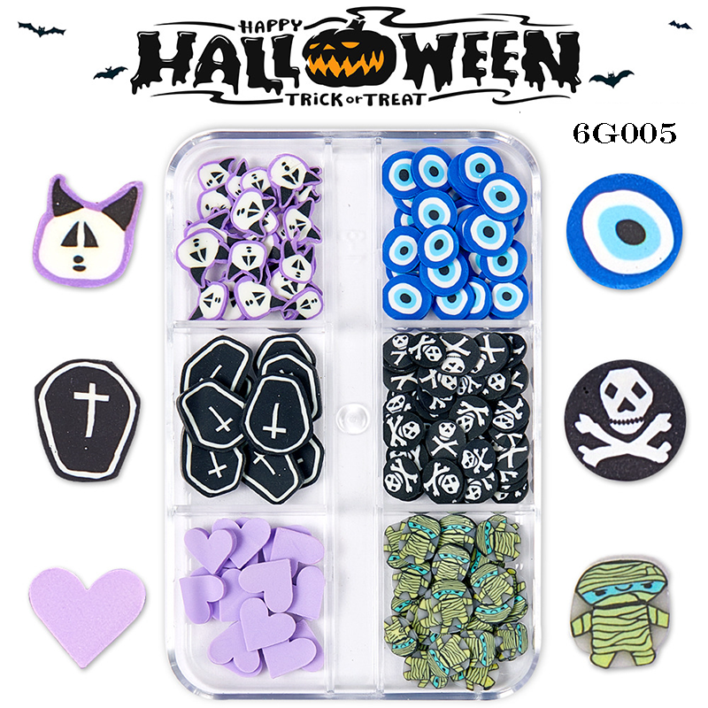 Halloween Polymer Slices - 6 Grids Multiple Shape 3D Nail Art Charms Supplies for Nails DIY Decorations