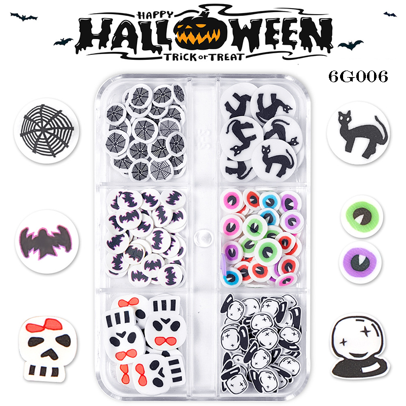 Halloween Polymer Slices - 6 Grids Multiple Shape 3D Nail Art Charms Supplies for Nails DIY Decorations