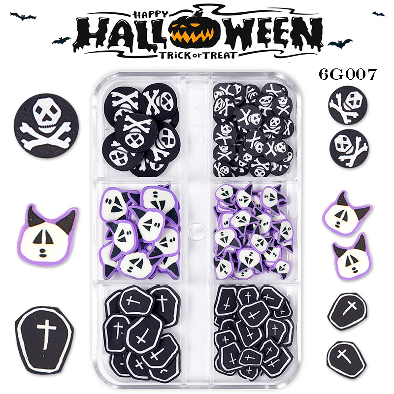 Halloween Polymer Slices - 6 Grids Multiple Shape 3D Nail Art Charms Supplies for Nails DIY Decorations