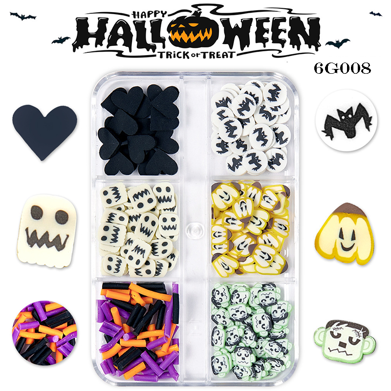 Halloween Polymer Slices - 6 Grids Multiple Shape 3D Nail Art Charms Supplies for Nails DIY Decorations