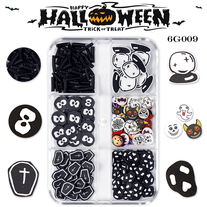 Halloween Polymer Slices - 6 Grids Multiple Shape 3D Nail Art Charms Supplies for Nails DIY Decorations