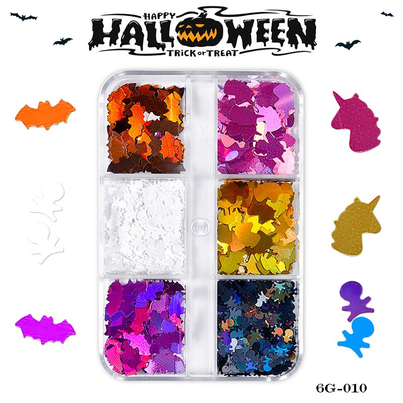 Halloween Sequins - 6 Grids Ultra-Thin Zero-Lift Engineering Multiple Shape Round Square Diamond Triangle Nail Art Glitter Supplies for Nails DIY Decorations