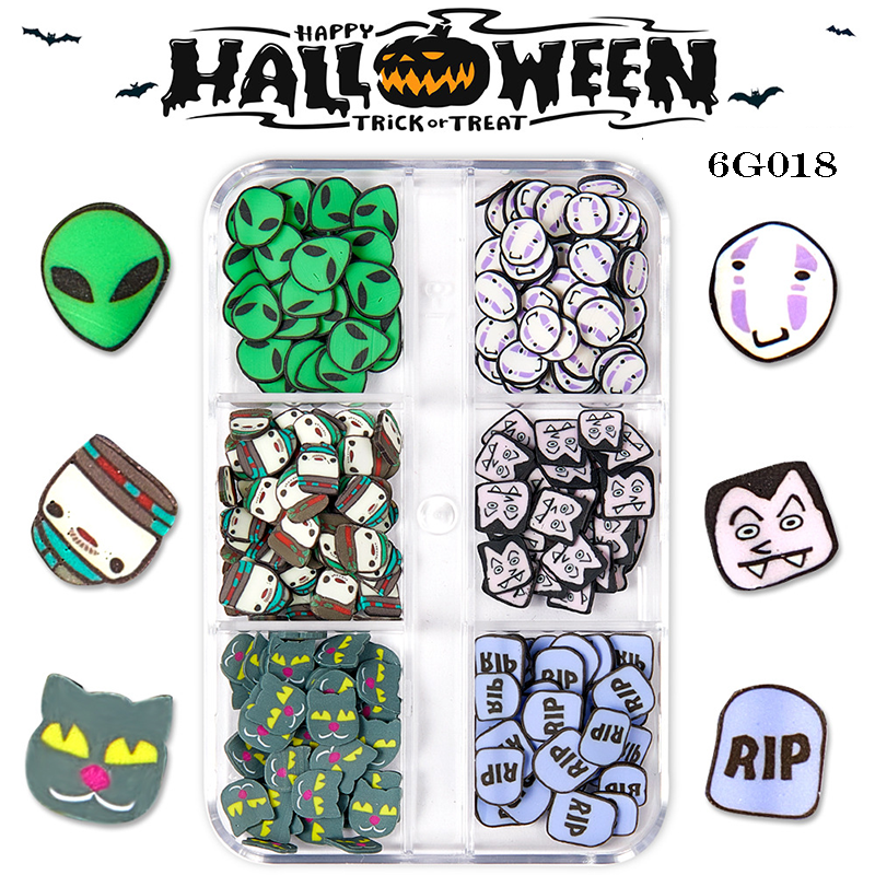 Halloween Polymer Slices - 6 Grids Multiple Shape 3D Nail Art Charms Supplies for Nails DIY Decorations