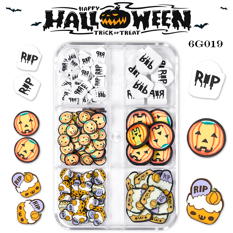 Halloween Polymer Slices - 6 Grids Multiple Shape 3D Nail Art Charms Supplies for Nails DIY Decorations