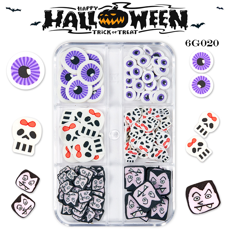 Halloween Polymer Slices - 6 Grids Multiple Shape 3D Nail Art Charms Supplies for Nails DIY Decorations