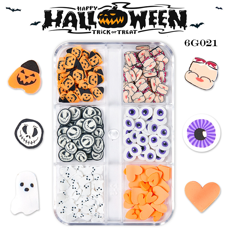 Halloween Polymer Slices - 6 Grids Multiple Shape 3D Nail Art Charms Supplies for Nails DIY Decorations