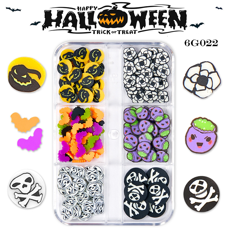 Halloween Polymer Slices - 6 Grids Multiple Shape 3D Nail Art Charms Supplies for Nails DIY Decorations