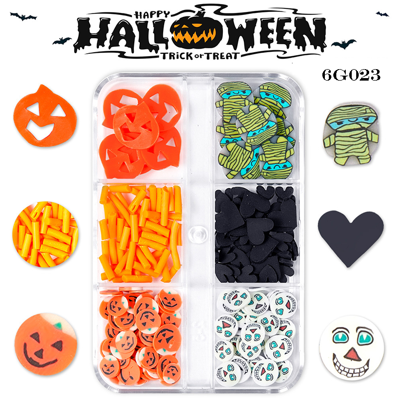 Halloween Polymer Slices - 6 Grids Multiple Shape 3D Nail Art Charms Supplies for Nails DIY Decorations