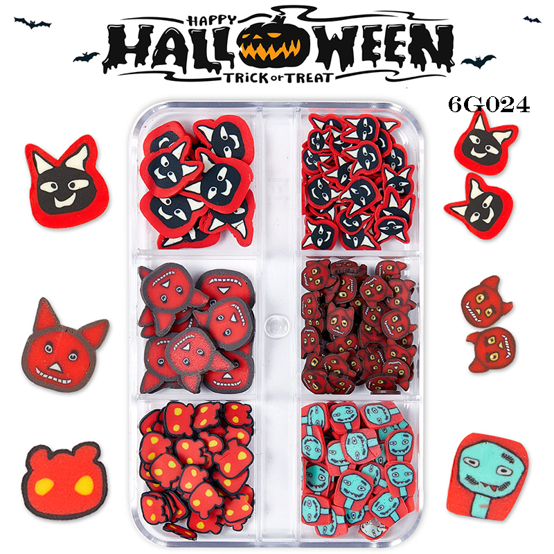 Halloween Polymer Slices - 6 Grids Multiple Shape 3D Nail Art Charms Supplies for Nails DIY Decorations