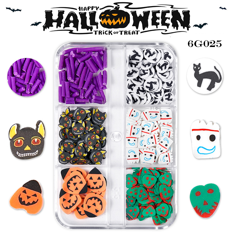 Halloween Polymer Slices - 6 Grids Multiple Shape 3D Nail Art Charms Supplies for Nails DIY Decorations