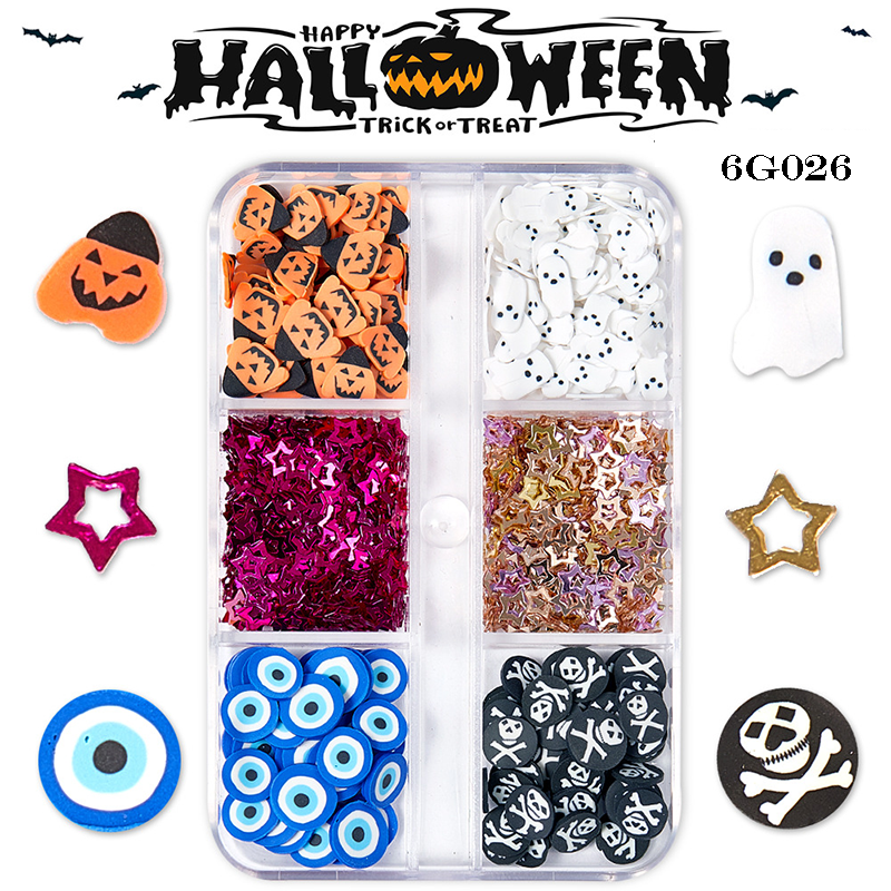 Halloween Polymer Slices - 6 Grids Multiple Shape 3D Nail Art Charms Supplies for Nails DIY Decorations