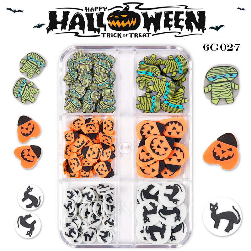 Halloween Polymer Slices - 6 Grids Multiple Shape 3D Nail Art Charms Supplies for Nails DIY Decorations