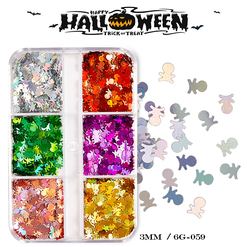 Halloween Sequins - 6 Grids Ultra-Thin Zero-Lift Engineering Multiple Shape Round Square Diamond Triangle Nail Art Glitter Supplies for Nails DIY Decorations