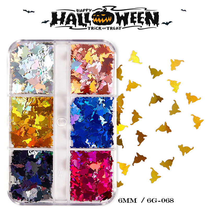 Halloween Sequins - 6 Grids Ultra-Thin Zero-Lift Engineering Multiple Shape Round Square Diamond Triangle Nail Art Glitter Supplies for Nails DIY Decorations