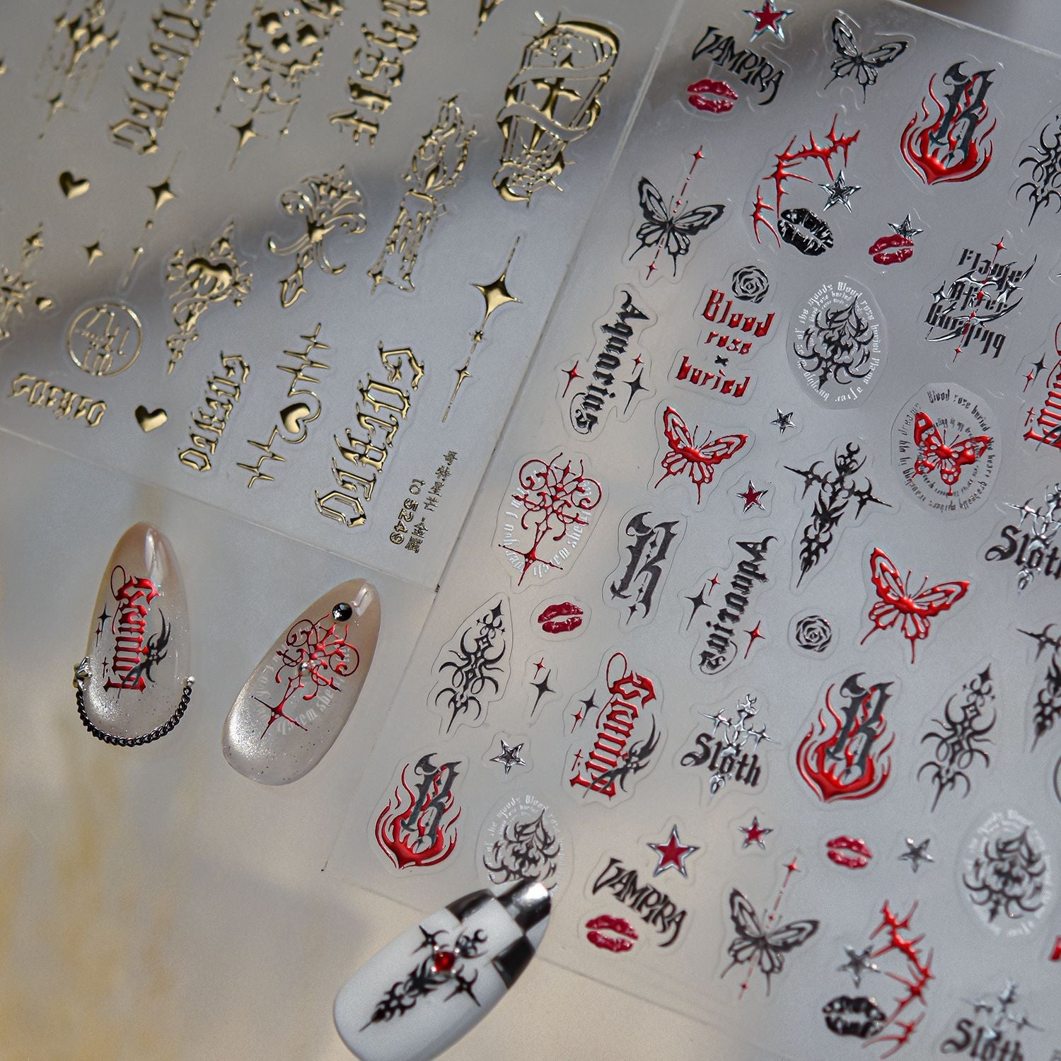 3D Stickers - Metallic Sheen Cross Snake Skull Self-Adhesive Gothic Dark Romance Decals for Nail Art Decoration