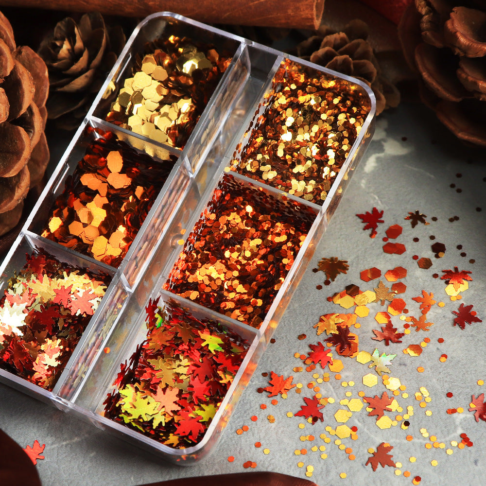 Maple Leaf and Hexagon Sequins - Thin 6 Colors 3D Holographic Colorful Nail Art Glitter Supplies for Nails DIY Decorations