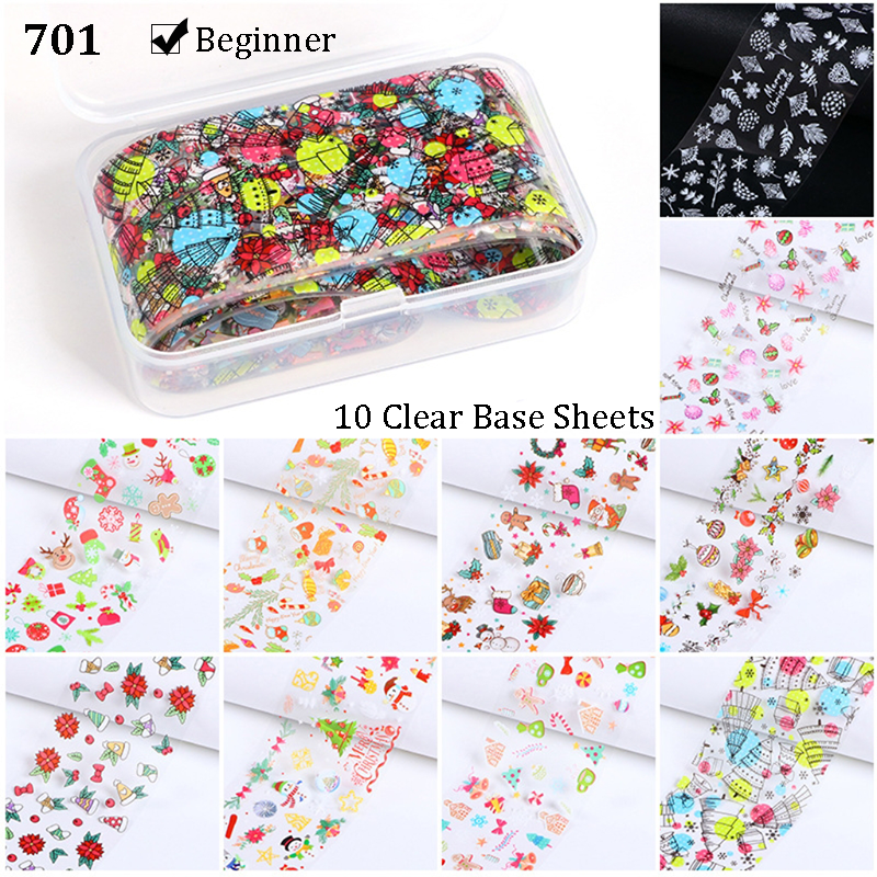 Christmas Foil Transfer - 10 Rolls/Box Nail Art Stickers Snowflake Christmas Tree Santa Claus Laser Colorful Prints Decals for DIY Decorations Supplies Design