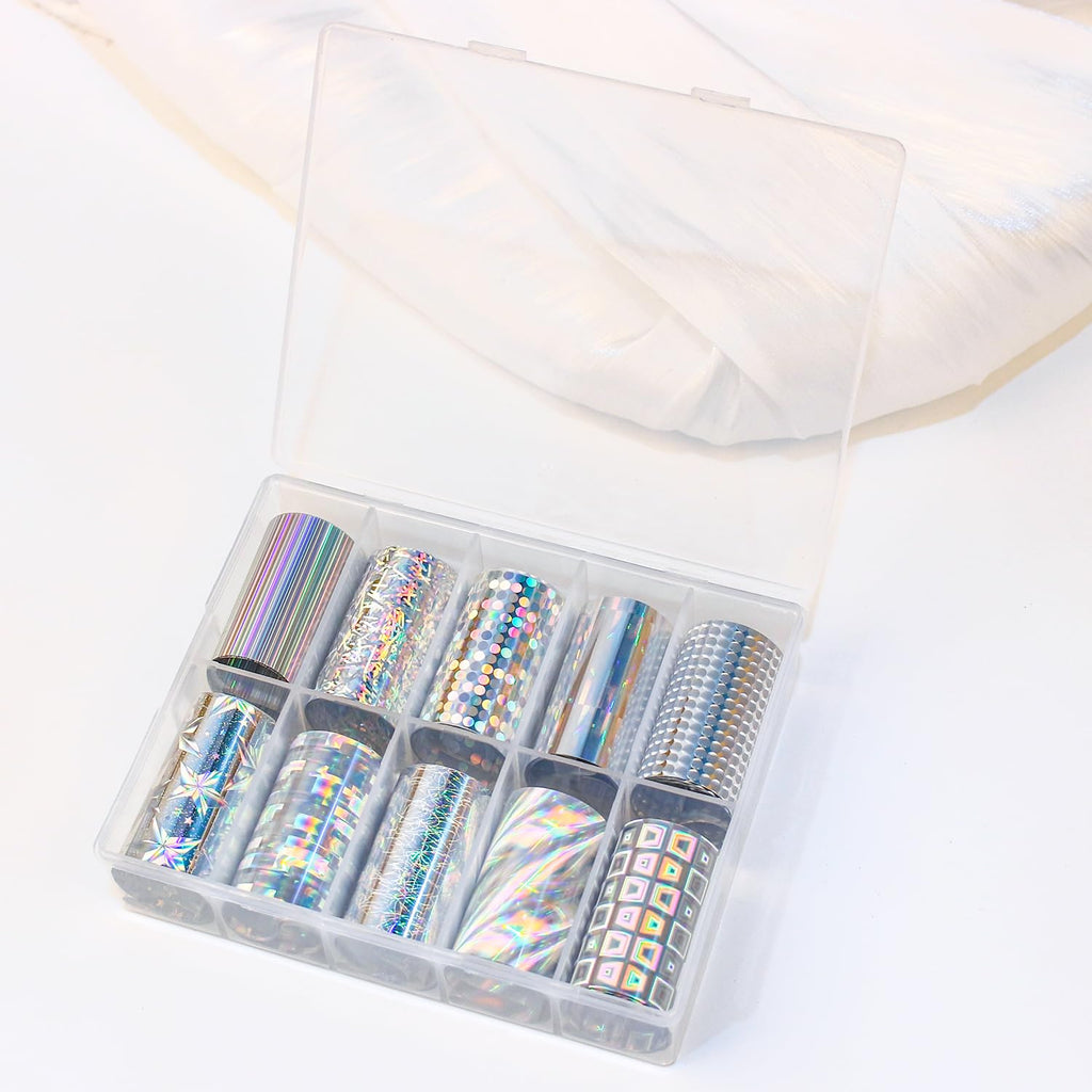 Holographic Foil Transfer -10 Rolls/1 Box Laser Starry Sky Iridescent Star Line Square Dot Nail Art Decals for DIY Decorations Supplies Design