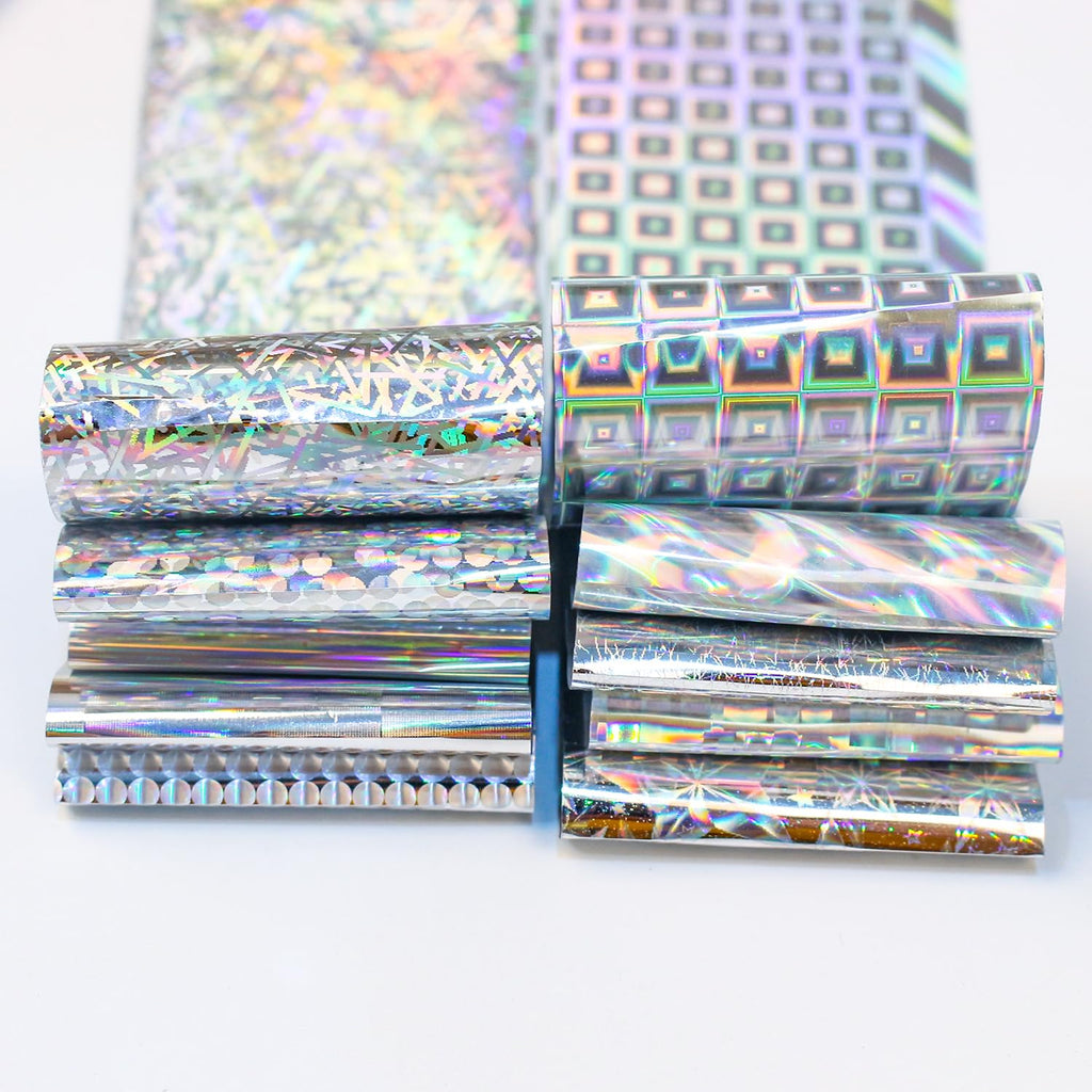 Holographic Foil Transfer -10 Rolls/1 Box Laser Starry Sky Iridescent Star Line Square Dot Nail Art Decals for DIY Decorations Supplies Design