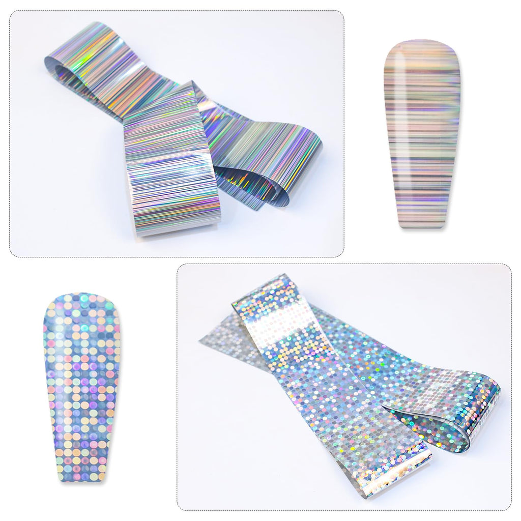 Holographic Foil Transfer -10 Rolls/1 Box Laser Starry Sky Iridescent Star Line Square Dot Nail Art Decals for DIY Decorations Supplies Design