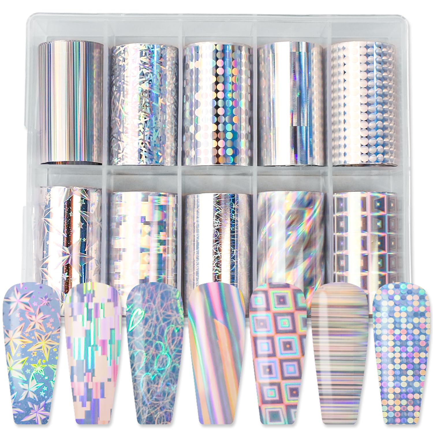 Holographic Foil Transfer -10 Rolls/1 Box Laser Starry Sky Iridescent Star Line Square Dot Nail Art Decals for DIY Decorations Supplies Design