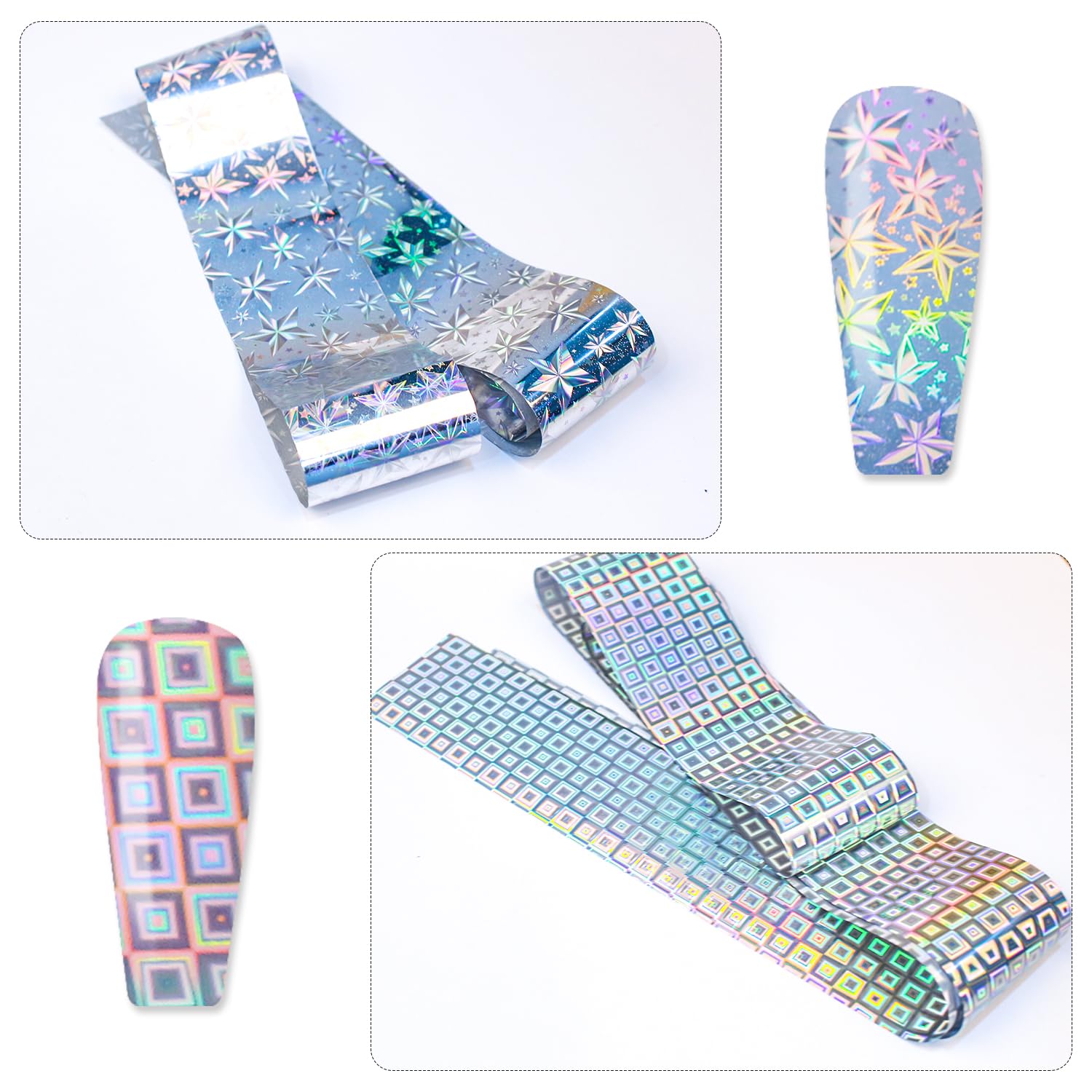 Holographic Foil Transfer -10 Rolls/1 Box Laser Starry Sky Iridescent Star Line Square Dot Nail Art Decals for DIY Decorations Supplies Design