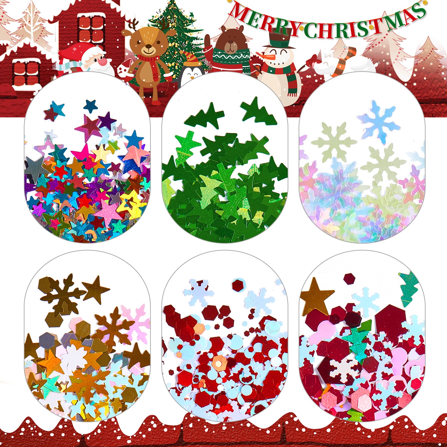 Christmas Sequins - 1 Box Thin  Multiple Patterns Christmas Tree Pentagram Cruciform Star Round 3D Holographic Colorful Nail Art Glitter Supplies for Nails DIY Decorations