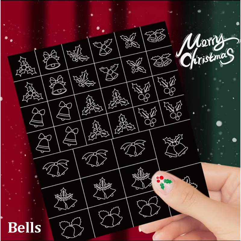 Christmas Stencils - Bells, Tree, Snowman Style Patterns Self-adhesive Reusable Gel Airbrush Nail Guides Decals Templates Stickers Supplies Vinyl for beginners easy DIY Manicure