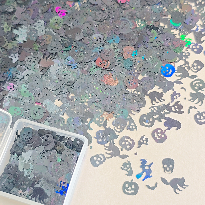 Halloween Sequins - Ultra-Thin Mix Skull Pumpkin Bat Ghost Cat Witch Design 3D Holographic Nail Art Glitter Supplies for Nails DIY Decorations