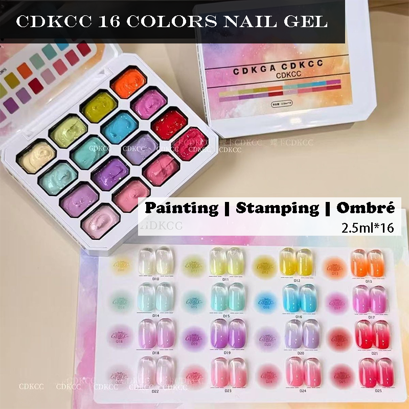 16 Colors Nail Gel Palette - Ombre Gradient Blush Blooming Stamping Painting Blending Colors Nail Gel for Beginners & Pros Salon Grade Finish DIY use