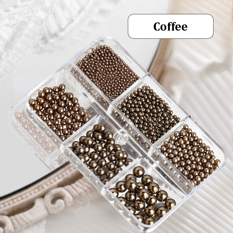 Maillard Color Round Pearls - 6-Grid Multiple sizes Nail Beads Nail 3D Art Accessories Charms and Gems Ball Colorful Rhinestones Easy-to-Apply for Beginner Professional Creative Eye-Catching Manicures