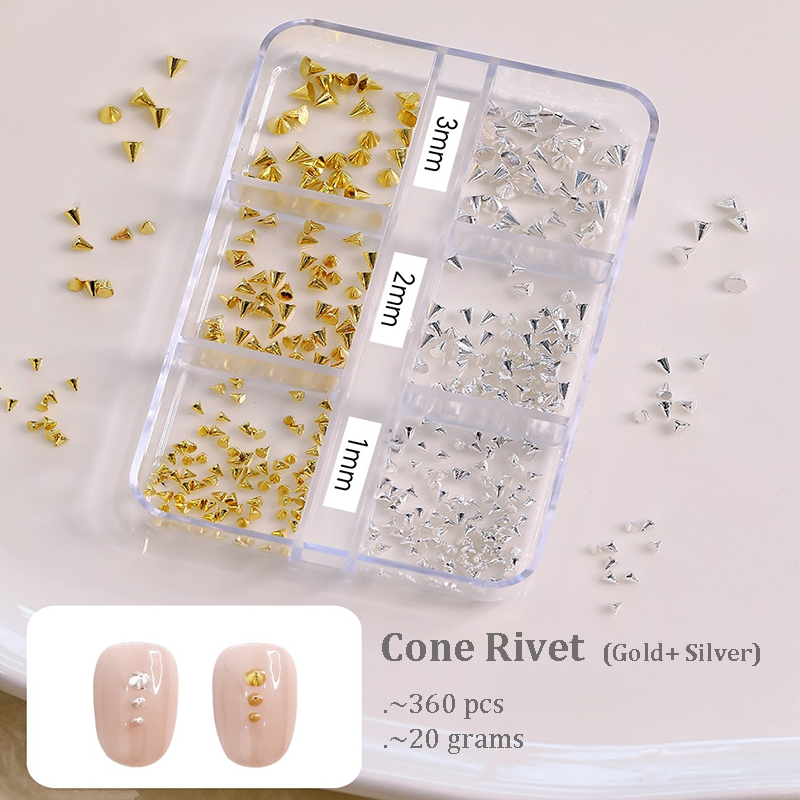 Punk Charm - 6-Grid Metallic Alloy Cone Studs Rivet Beads Nail 3D Art Accessories Easy-to-Apply for Beginner Professional Creative Eye-Catching Manicures