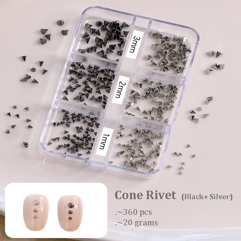 Punk Charm - 6-Grid Metallic Alloy Cone Studs Rivet Beads Nail 3D Art Accessories Easy-to-Apply for Beginner Professional Creative Eye-Catching Manicures