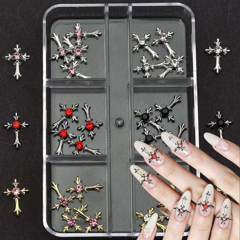 Cross Alloy With Rhinestones Charm - 6-Grid Metallic Alloy Nail Accessories Easy-to-Apply for Creative Eye-Catching Manicures