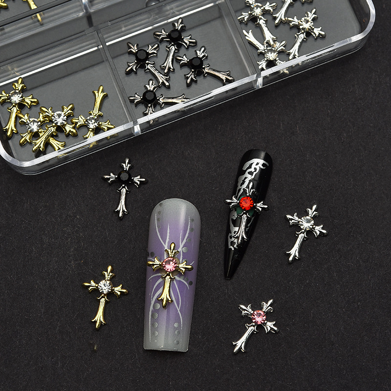 Cross Alloy With Rhinestones Charm - 6-Grid Metallic Alloy Nail Accessories Easy-to-Apply for Creative Eye-Catching Manicures