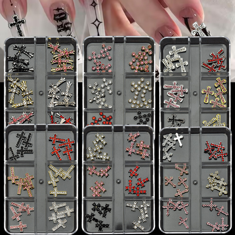 Cross Alloy With Rhinestones Charm - 6-Grid Metallic Alloy Nail Accessories Easy-to-Apply for Creative Eye-Catching Manicures