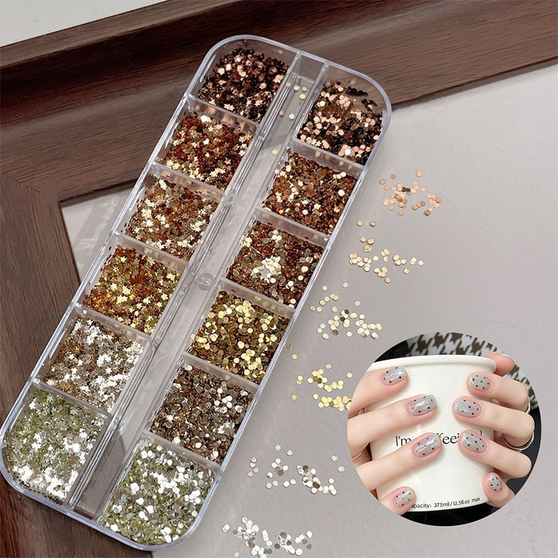 Round + Star Sequins - 12 Grids Ultra-Thin Zero-Lift Engineering Nail Art Glitter Supplies for Nails DIY Decorations