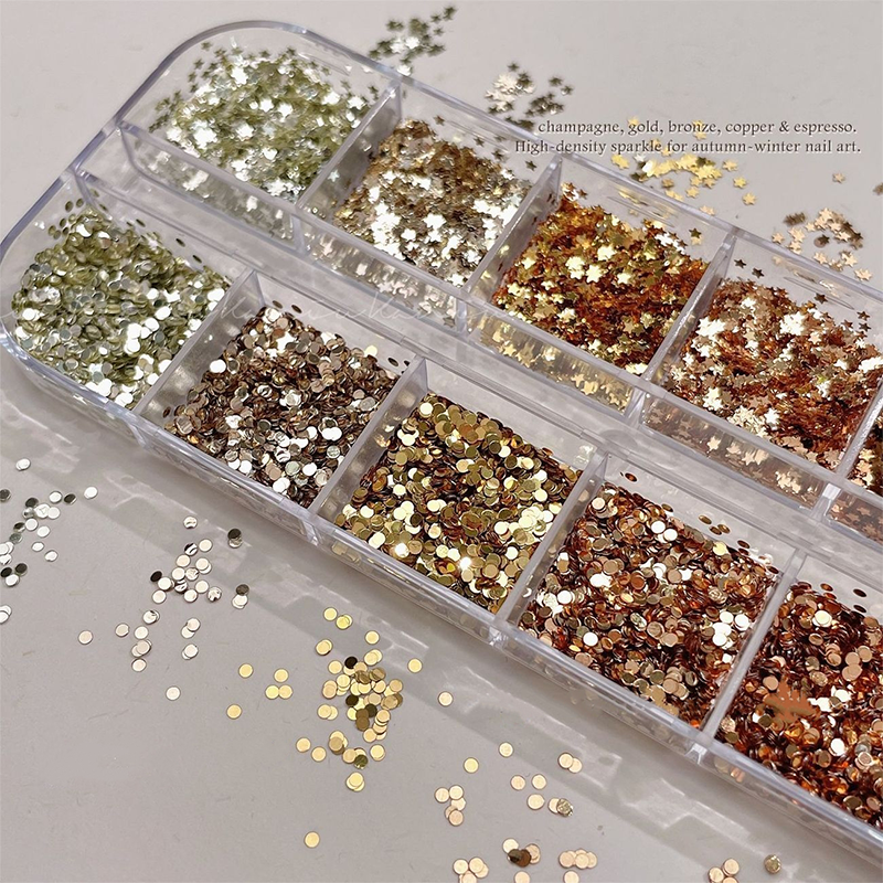 Round + Star Sequins - 12 Grids Ultra-Thin Zero-Lift Engineering Nail Art Glitter Supplies for Nails DIY Decorations