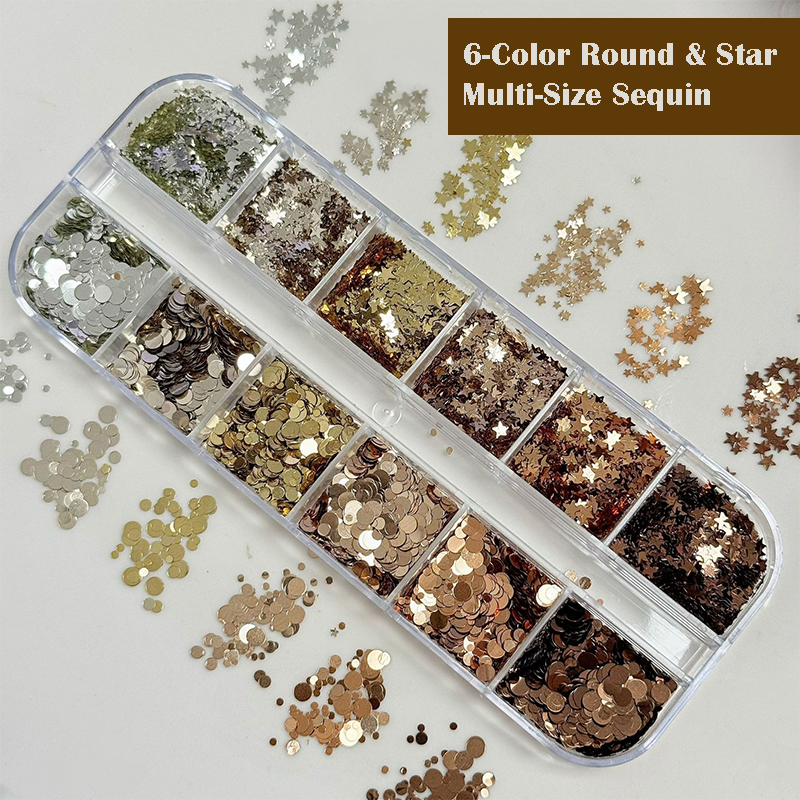 Round + Star Sequins - 12 Grids Ultra-Thin Zero-Lift Engineering Nail Art Glitter Supplies for Nails DIY Decorations