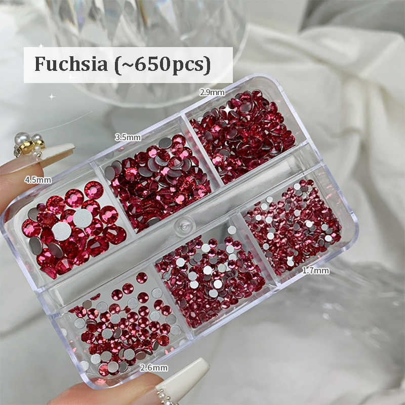Rhinestones -  6-Grid Flatback Multiple Colorful Sizes Tiny Crystal Gemstones  for Beginner Professional Creative Eye-Catching Bedazzling Manicures