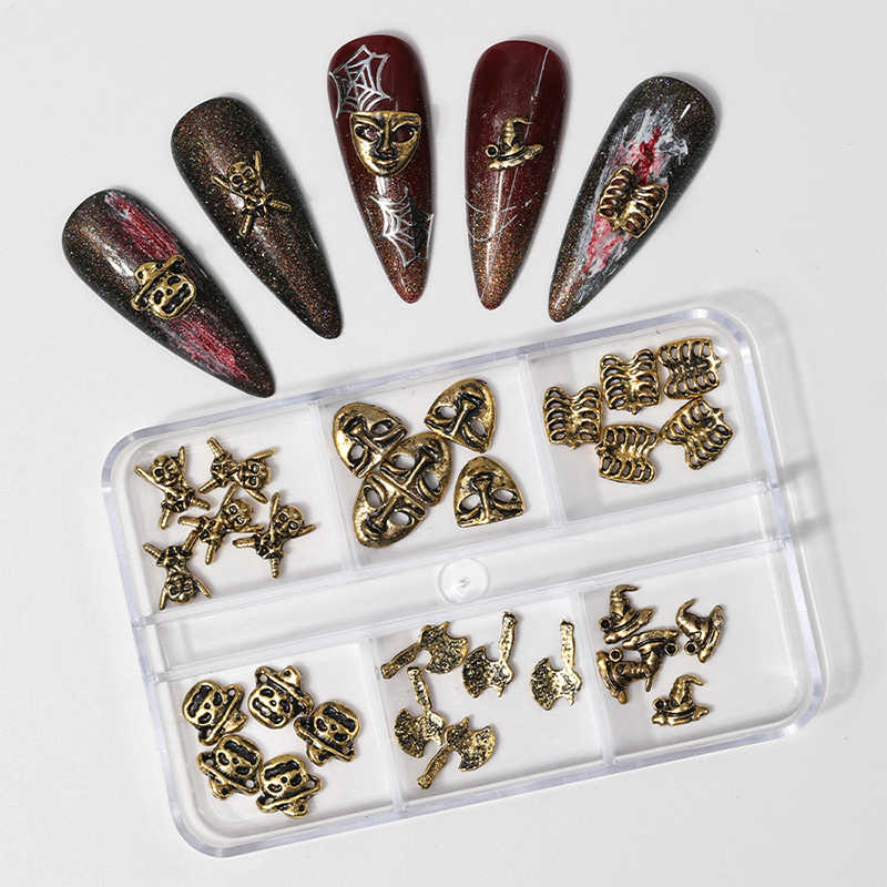 Halloween Alloy Charm - 6-Grid Distressed Vintage Metallic Alloy Nail Accessories Easy-to-Apply for Creative Eye-Catching Manicures