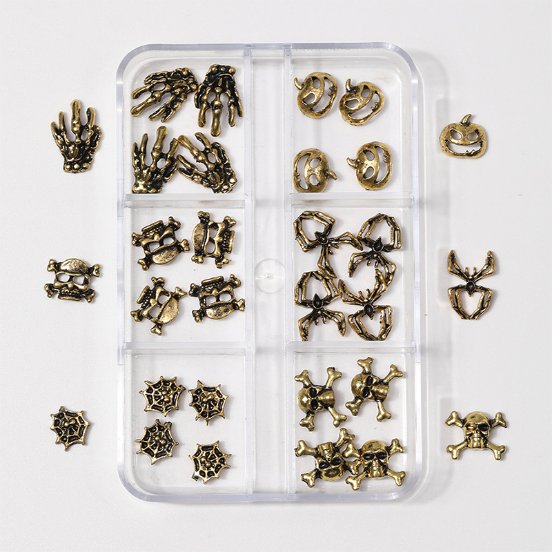 Halloween Alloy Charm - 6-Grid Distressed Vintage Metallic Alloy Nail Accessories Easy-to-Apply for Creative Eye-Catching Manicures