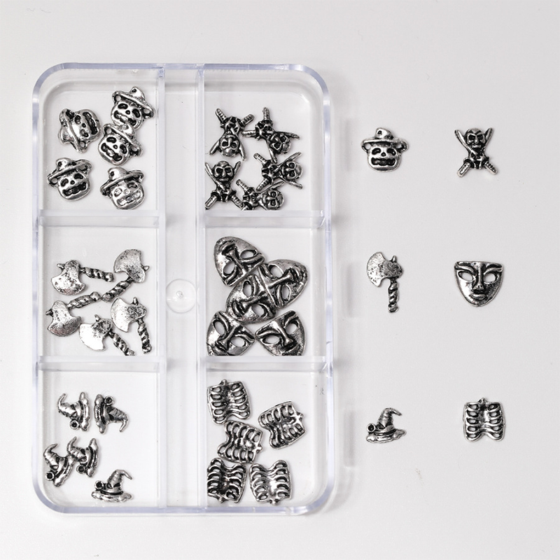 Halloween Alloy Charm - 6-Grid Distressed Vintage Metallic Alloy Nail Accessories Easy-to-Apply for Creative Eye-Catching Manicures