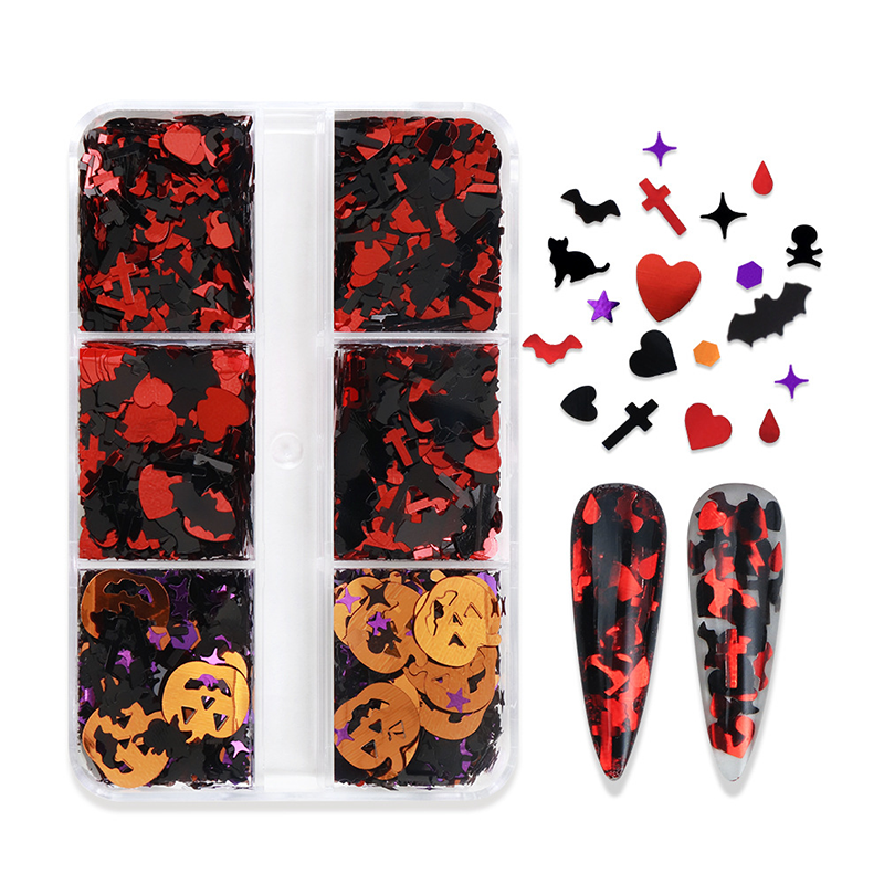 Halloween Mixed Sequins - 6 Grids Ultra-Thin Zero-Lift Engineering Multiple Shape Round Square Diamond Triangle Nail Art Glitter Supplies for Nails DIY Decorations