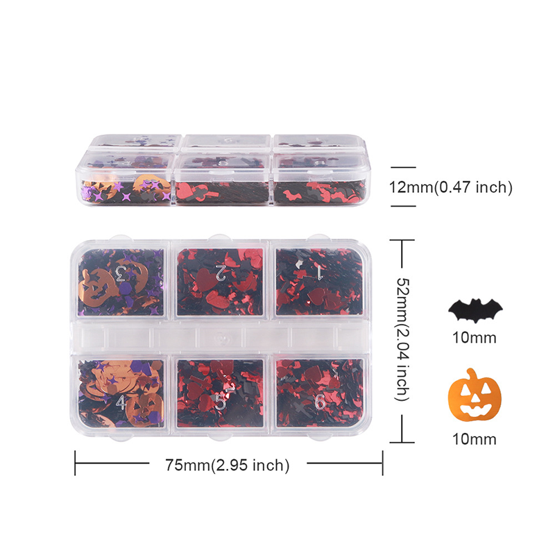 Halloween Mixed Sequins - 6 Grids Ultra-Thin Zero-Lift Engineering Multiple Shape Round Square Diamond Triangle Nail Art Glitter Supplies for Nails DIY Decorations