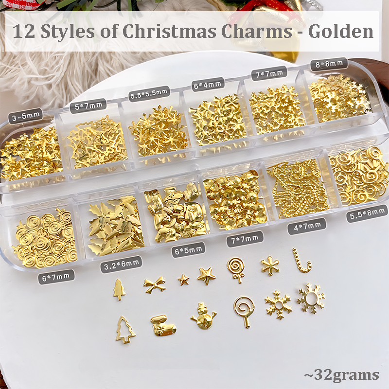 Christmas Charm - 12-Grid  Metallic Alloy Christmas Trees Nail 3D Art Accessories Easy-to-Apply for Beginner Professional Creative Eye-Catching Manicures