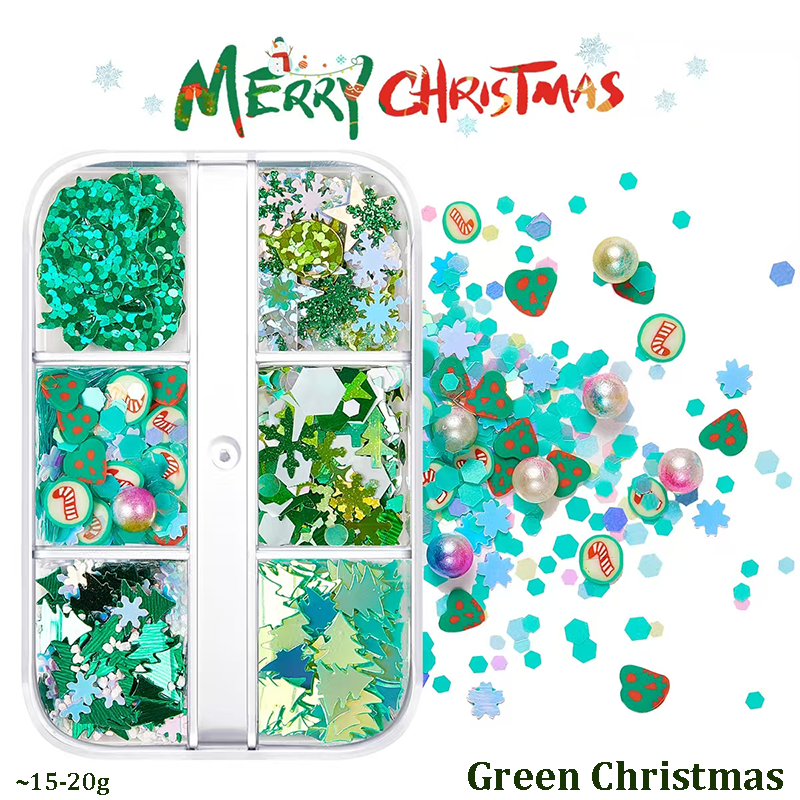 Christmas Clay + Sequins - Chunky Soft Polymer Clay Slices and Glitter Sequins Multiple Patterns Christmas Tree Pentagram Cruciform Star Triangle Round 3D Holographic Colorful Nail Art Glitter Supplies for Nails DIY Decorations