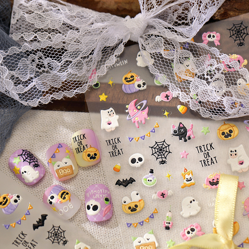 Halloween 3D Self-Adhesive Stickers - 3D Embossed Creepy Cute Spooky Kawaii Decals for Nail Art Decoration